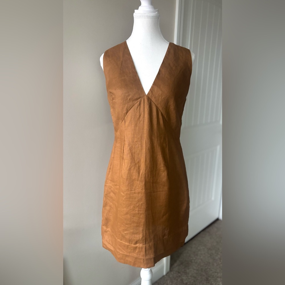 NWT Pampelone Augustine dress. Size Large. 100% Linen. Sleeveless. Brown Cognac